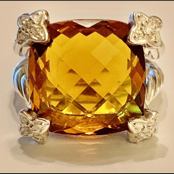 David Yurman Citrine On Point Silver Cable Ring Diamonds 20mm Cushion Cut 6.5 - Picture 3 of 10